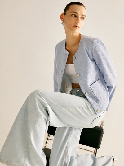 Bouclé-Jacke mit Rundhalsausschnitt | Strukturstoff | Goldknöpfe