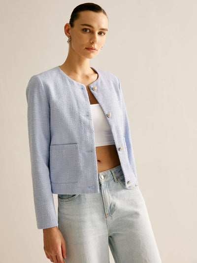 Bouclé-Jacke mit Rundhalsausschnitt | Strukturstoff | Goldknöpfe