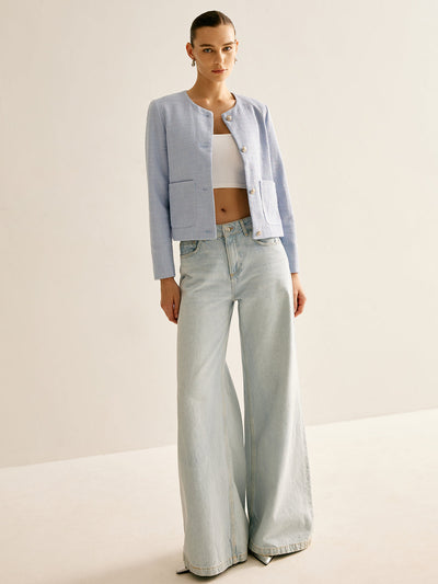 Bouclé-Jacke mit Rundhalsausschnitt | Strukturstoff | Goldknöpfe