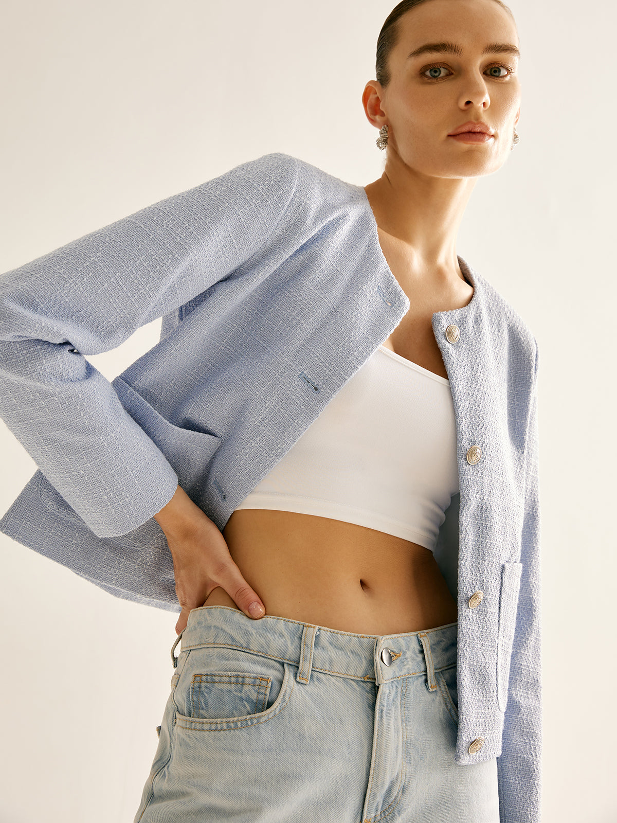 Bouclé-Jacke mit Rundhalsausschnitt | Strukturstoff | Goldknöpfe