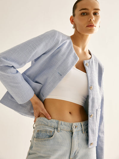 Bouclé-Jacke mit Rundhalsausschnitt | Strukturstoff | Goldknöpfe