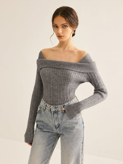 Damen Pullover schulterfrei | Stylische Rippstruktur & Eleganter Schnitt