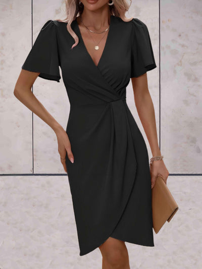 Damen Wickelkleid Mini mit V-Ausschnitt und Puffärmeln