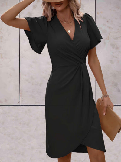 Damen Wickelkleid Mini mit V-Ausschnitt und Puffärmeln