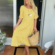 Midi-Kleid für Damen mit Stufenschnitt und kurzen Ärmeln – Gelb