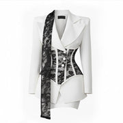 Blazerkleid Damen Asymmetrisch Elegant – Weiß-Schwarz