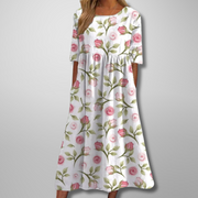 Blumenmuster Midikleid für Frauen – Elegantes Sommerkleid für jeden Anlass – Weiß-Rosa (Fast ausverkauft)