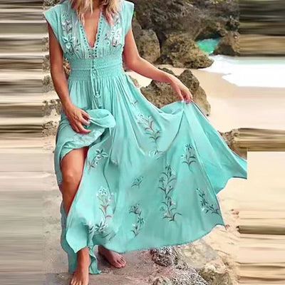 Boho Sommer-Midikleid mit V-Ausschnitt und Luftigem Schnitt – Talia