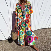 Böhmisches Maxi Kleid – Elegantes Sommermaxikleid für Frauen, Ideal für Strand und Sommerfeste – Mehrfarbige Kreise
