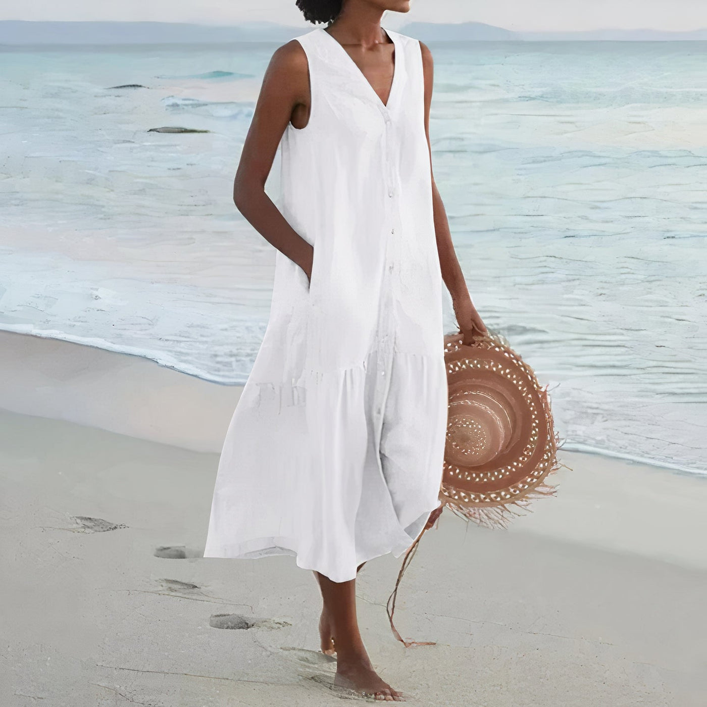 Ärmelloses Leinen Strandkleid für Damen