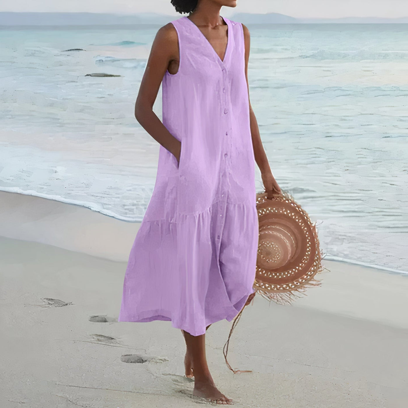 Ärmelloses Leinen Strandkleid für Damen
