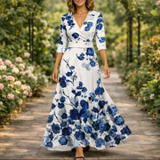 Fleur™ - Elegante Blumenkleid mit V-Ausschnitt – Blau