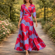 Fleur™ - Elegante Blumenkleid mit V-Ausschnitt – Rot