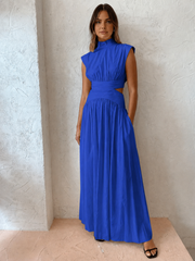 Alba | Damen Maxikleid mit Cut-Out, Stehkragen ärmellos elegant – Marineblau