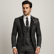 Dreiteiliger Herrenanzug in Slim Fit – Elegante Weste mit Satinrevers für formelle Hochzeiten – Schwarz