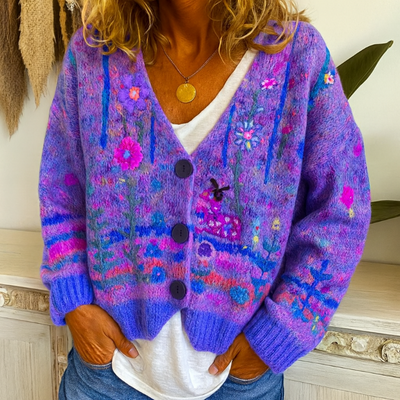Damen-Strickjacke zum Knöpfen mit buntem Blumenmuster und V-Ausschnitt