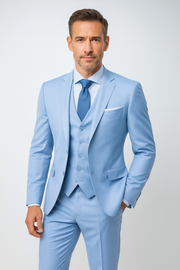 Dreiteiliger Herrenanzug – Elegante Weste, schmal geschnitten, formell, taillierter Stil – Hellblau