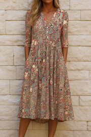 Olivia | Damen Elegantes Kleid V-Ausschnitt – Kleid V-Neck Elegant Sommer 2026 – Beige