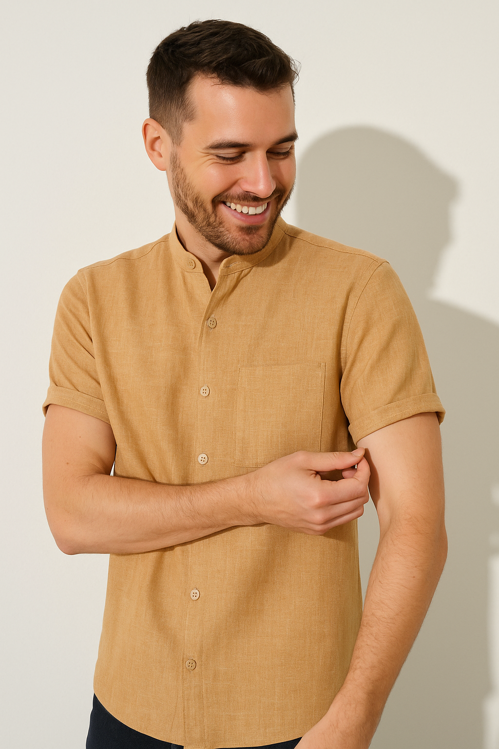 James Kurzarmhemd mit Stehkragen und Brusttasche