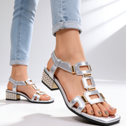 Marcella - kristallverzierte Slingback-Sandalen mit Blockabsatz – Silber