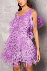 Damen Cocktailkleid A-Linie Festlich Fransen Pailletten – Violett