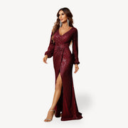 Damen Maxi Kleid Glamour Pailletten Elegant – Rot