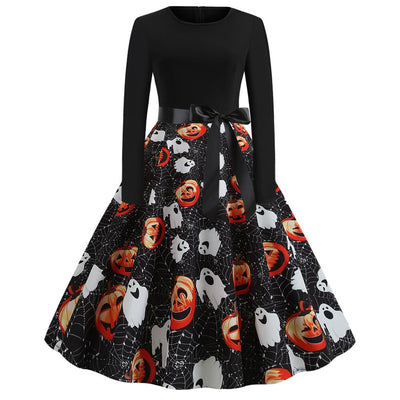 Damen Halloween-Kleid mit Print | Langarm & Ausgestellter Schnitt