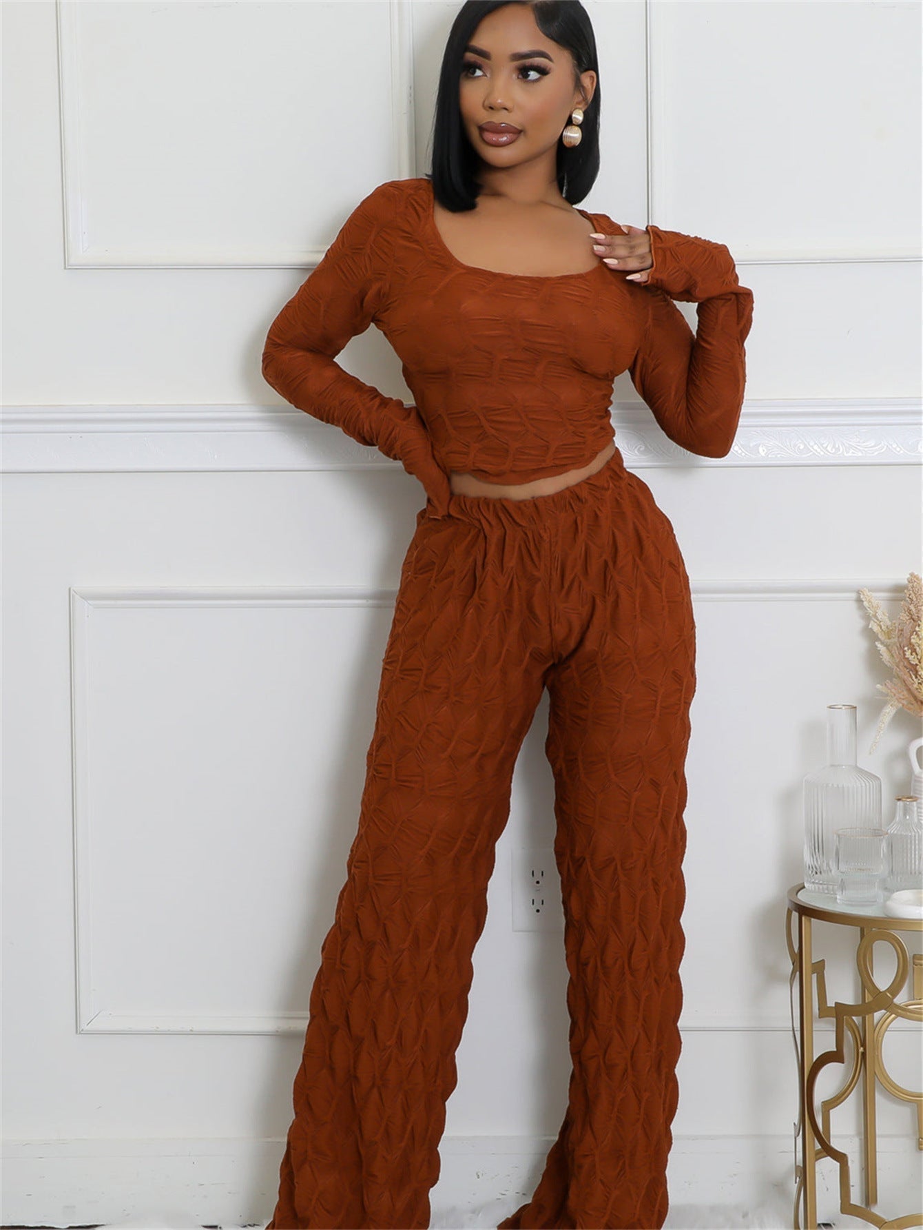 Zweiteiler mit Strukturmuster | Langarm & Weite Hose | Modern & Komfortabel