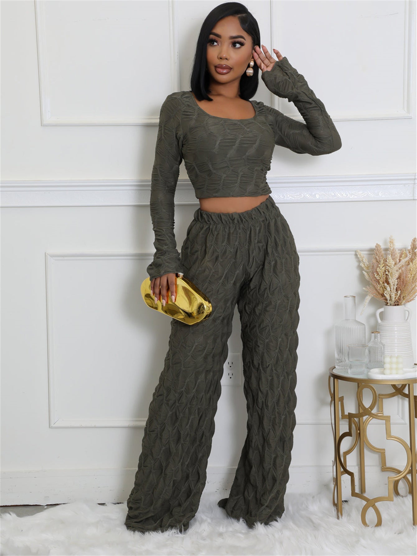 Zweiteiler mit Strukturmuster | Langarm & Weite Hose | Modern & Komfortabel