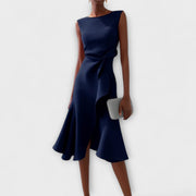 Drapiertes asymmetrisches Midikleid für Damen – Elegantes Sommerkleid – Marineblau