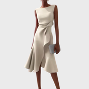 Drapiertes asymmetrisches Midikleid für Damen – Elegantes Sommerkleid – Creme