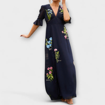 Beatrice - Elegantes Navy Blau Kleid mit Floralstickerei