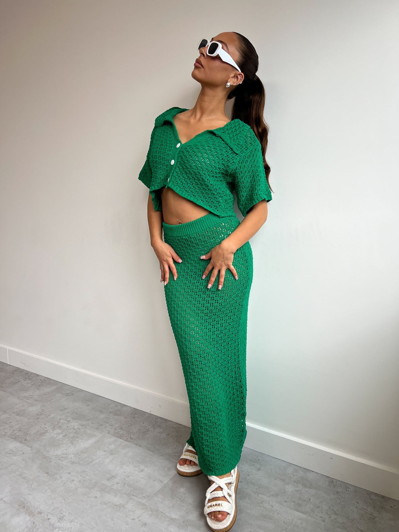 Zweiteiler mit Häkelstruktur | Kurze Ärmel | Maxi-Rock