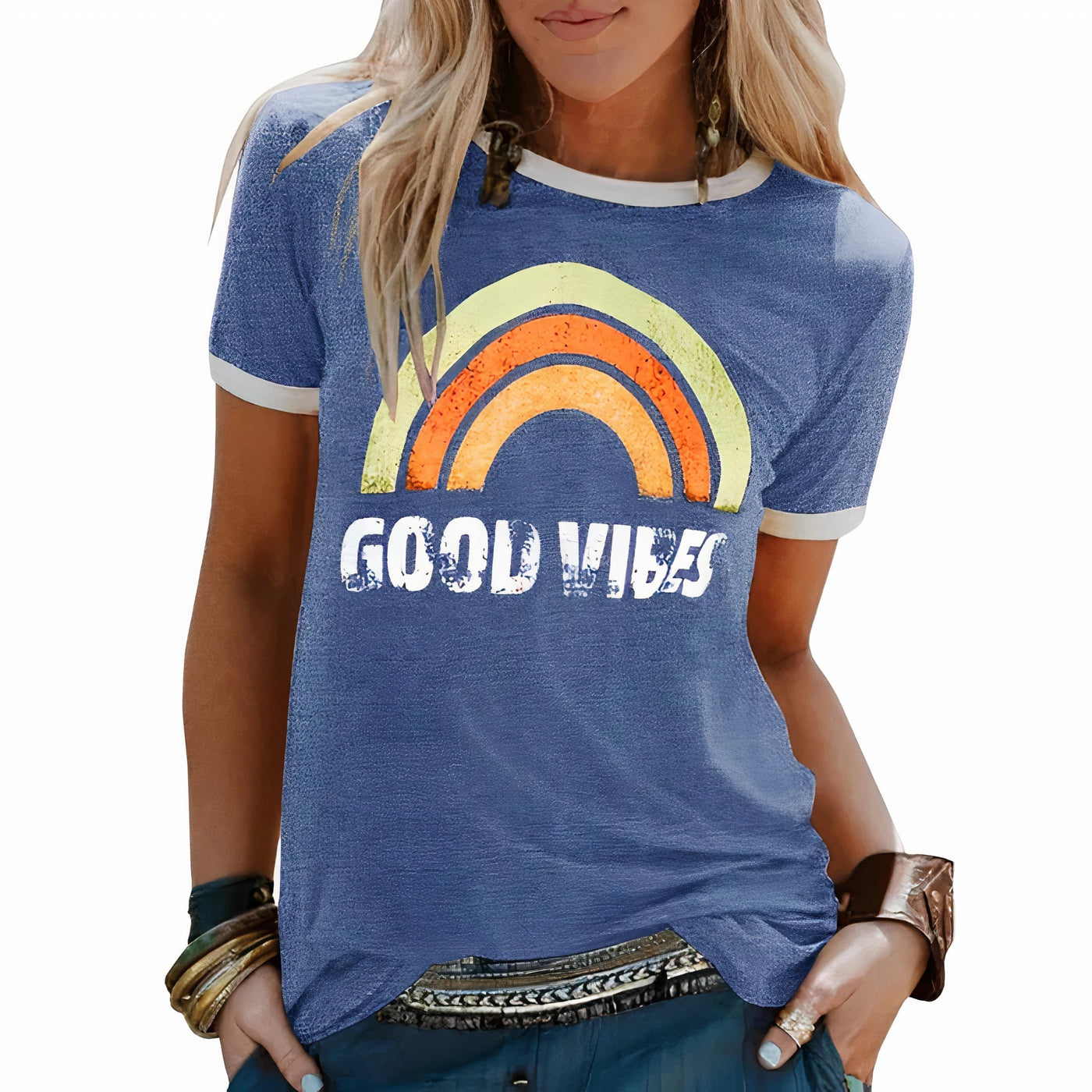 Gute Vibes Regenbogen-Grafik T-Shirt für Damen