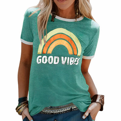 Gute Vibes Regenbogen-Grafik T-Shirt für Damen