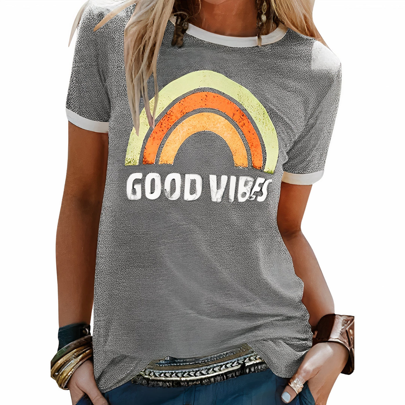 Gute Vibes Regenbogen-Grafik T-Shirt für Damen