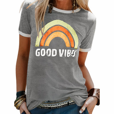 Gute Vibes Regenbogen-Grafik T-Shirt für Damen
