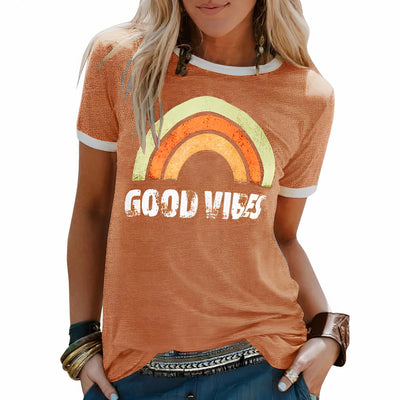 Gute Vibes Regenbogen-Grafik T-Shirt für Damen