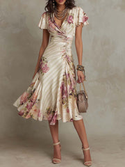 Margaret | Vintage-Blumen-Satin-Midikleid – Elfenbein