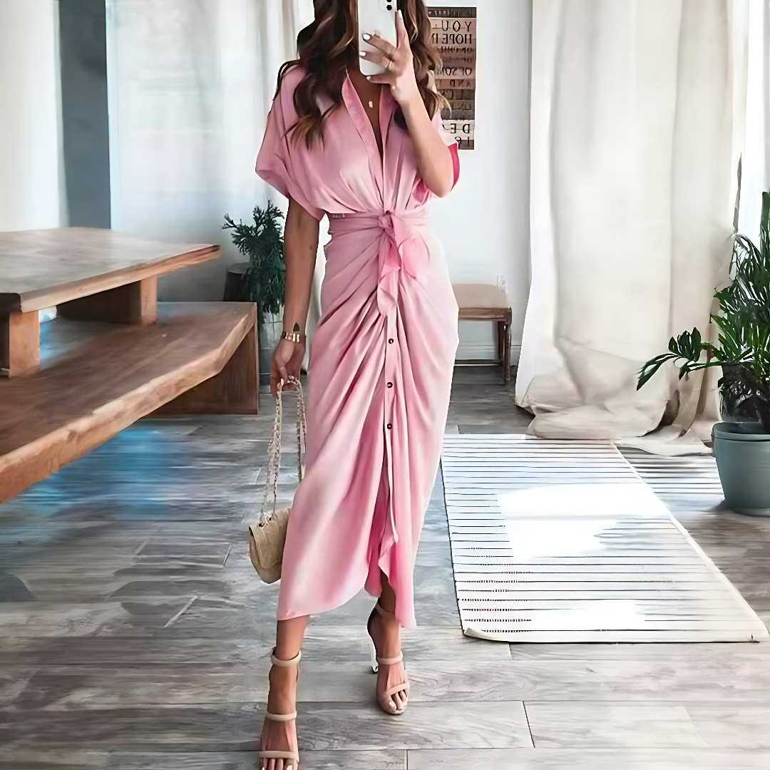 Maxikleid mit Rüschen und V-Ausschnitt Sommerstil Damenmode - Elina