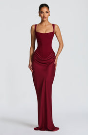 Elegantes Maxikleid mit Korsettoberteil: Figurschmeichelnd für festliche Anlässe – Burgunder