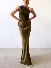 Elegantes Maxikleid mit One-Shoulder-Ausschnitt für Frauen – Perfekt für besondere Anlässe – Dunkelgrün