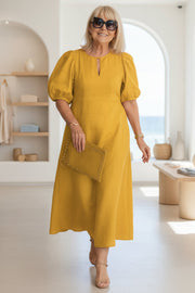 Elegantes Maxikleid mit Puffärmeln: Stilvoll für besondere Anlässe – Zitronengelb