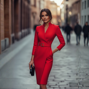 Elegantes Midi-Etuikleid mit V-Ausschnitt und Gürtel für Damen – Rot
