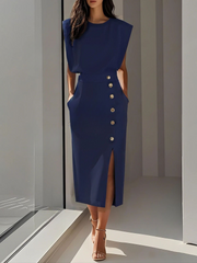 Elegantes Midikleid mit Rundhalsausschnitt und Schlitz für jeden Anlass – Dunkelblau