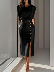 Elegantes Midikleid mit Rundhalsausschnitt und Schlitz für jeden Anlass – Schwarz