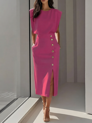 Elegantes Midikleid mit Rundhalsausschnitt und Schlitz für jeden Anlass – Rosa