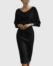 Elegantes drapiertes Midikleid mit Fledermausärmeln für Frauen – Schwarz
