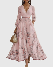 Elegantes plissiertes Maxikleid für Frauen – Sommerkleid mit V-Ausschnitt und langen Ärmeln – Pink