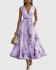 Elegantes plissiertes Maxikleid für Frauen – Sommerkleid mit V-Ausschnitt und langen Ärmeln – Lila